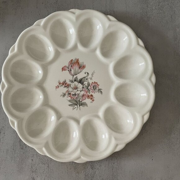 E. R. American Artware Pink Floral 12 Deviled Eggs Serving Platter Dish 9" - Picture 2 of 5